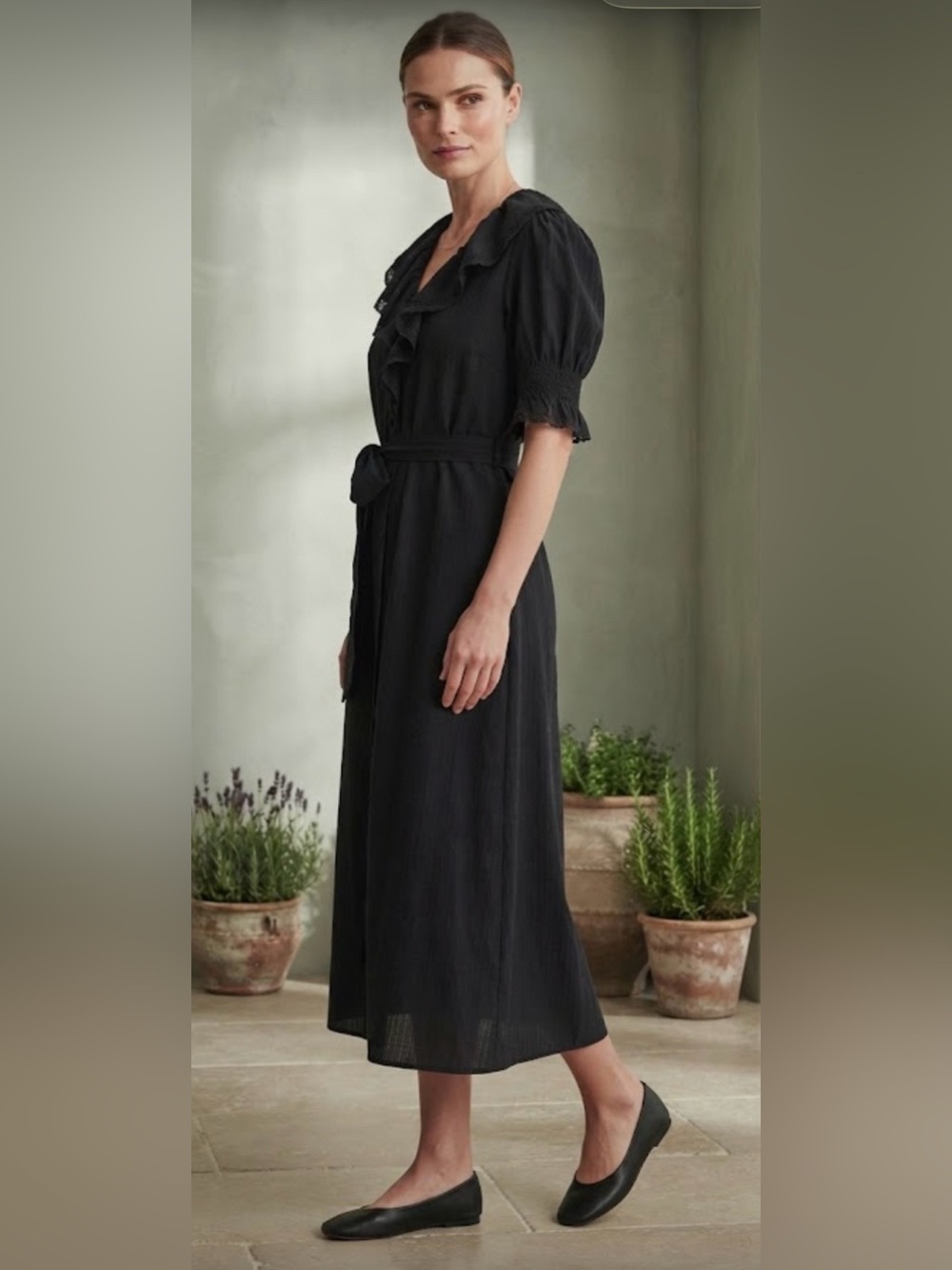 O.P.T black ruffle Button-Front Midi Dress with Self-Tie Waist